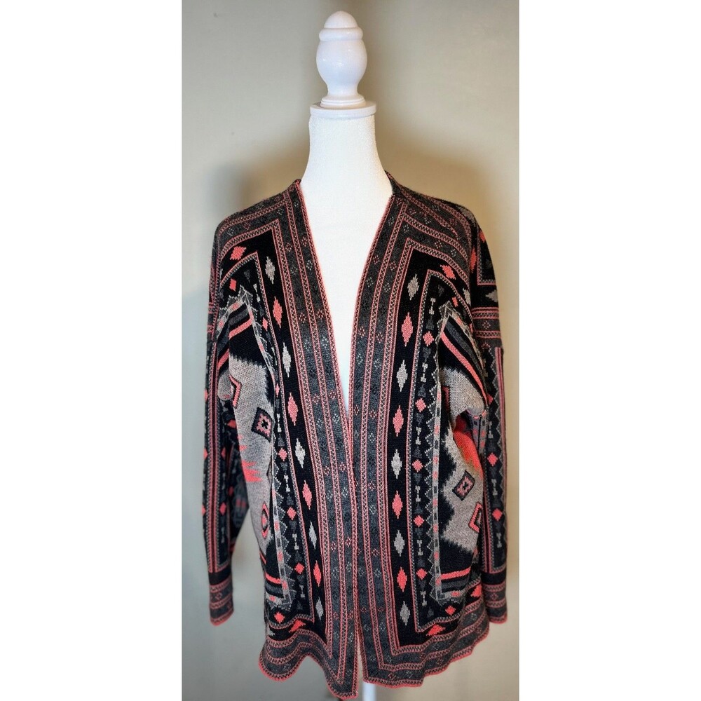 Metaphor Cardigan WMNS M Gray Black Aztec Boho Tribal Art Open Front Sweater